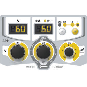 Närbild av ett GYS Multiweld FV 220M-C-gränssnitt med digitala displayer som visar spänning (60V) och ström (6A). Den har kontrollrattar och knappar märkta för MIG- och MMA-svetsinställningar.
