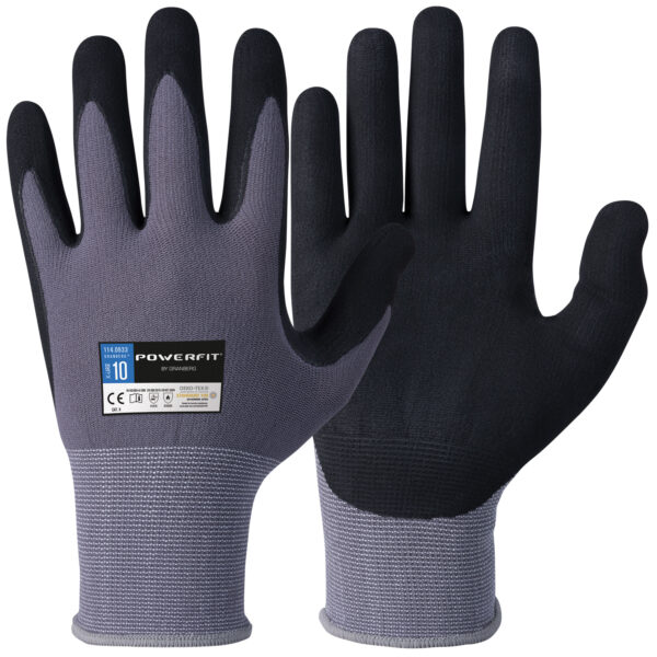 Ett par grå och svarta arbetshandskar med etikett som visar "Montagehandskar Powerfit® 12 st Granberg" och storlek 10 på baksidan av en handske.