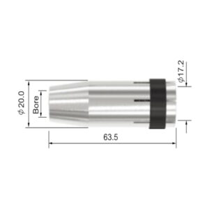 Teknisk ritning av en Gaskåpa MIG 240 A (MB24) med dimensioner märkta, inklusive en längd på 63,5 enheter, en håldiameter på 20,0 enheter och ytterligare en diameter på 17,2 enheter.