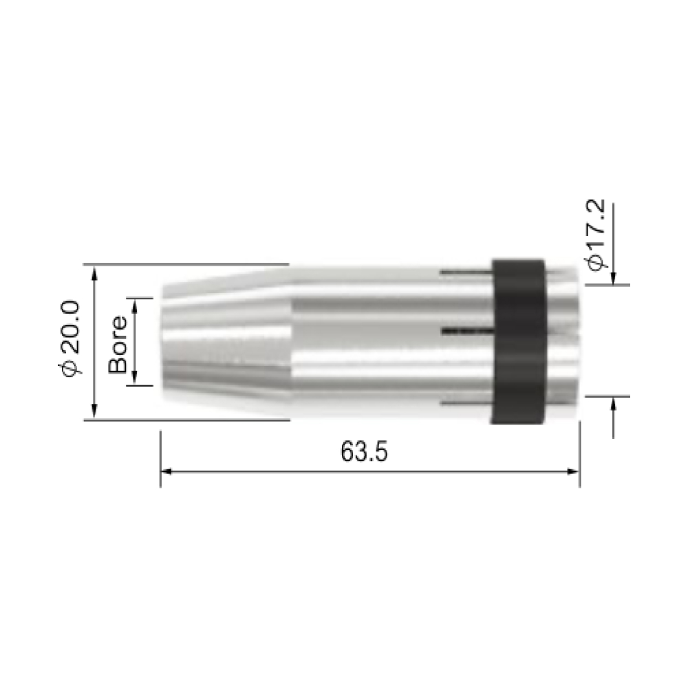 Teknisk ritning av en Gaskåpa MIG 240 A (MB24) med dimensioner märkta, inklusive en längd på 63,5 enheter, en håldiameter på 20,0 enheter och ytterligare en diameter på 17,2 enheter.