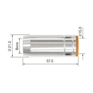 Teknisk ritning av en Gaskåpa MIG 250 A (MB25) med mått. Längd: 57,5 mm, håldiameter: 21,5 mm, toppdiameter: 15,0 mm.