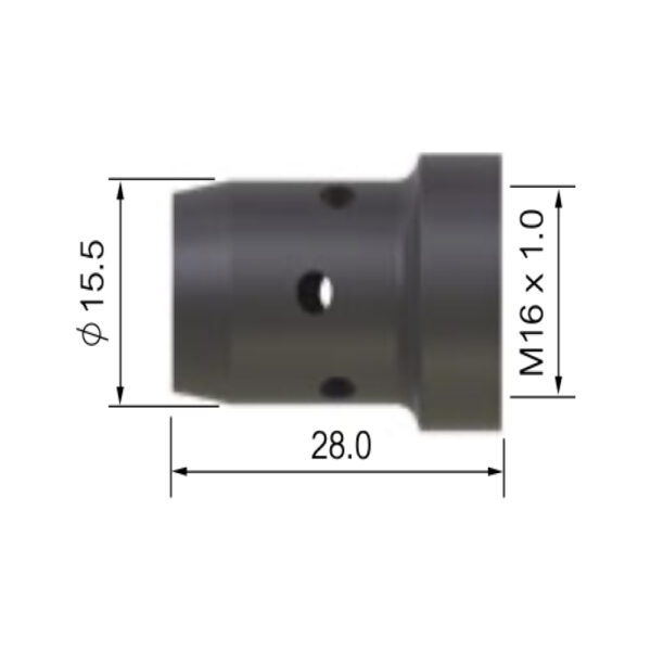Teknisk ritning av en Gasspridare SGB 401 W / 501 W / 555 W med märkta mått: 15,5 mm diameter, M16 x 1,0 gänga och 28,0 mm längd.
