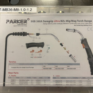 Instruktionsblad för Parker Technologys MIG Slitdelskit 360 A med M8 k-rör 1,0/1,2 Parker, som visar brännardelar, monteringsanvisningar och artikelnummer.