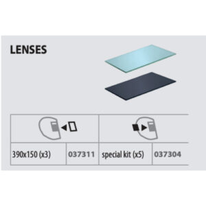 Diagram som visar två rektangulära linser. Den översta linsen är ljusblå och den undre är mörkgrå. Märkta linssatser inkluderar "390x150 (x3)" med kod "037311" och "Inre skyddsglas till svetshjälm GYS Panoramic 3XL, 5-pack" med kod "037304".