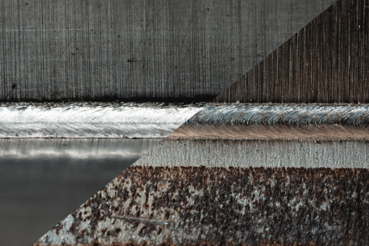 Närbild av två metallytor som visar en jämförelse mellan en ren, slät svets och en rostig, grov svets.