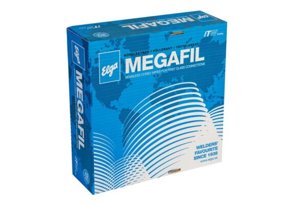 Blå låda av RÖRTRÅD 713R 16 KG, STEIN-MEGAFIL sömlös tråd med vit text och global grafik. Etiketten nämner "Welders' Favorite Since 1938" och produkten är från ITW-gruppen.