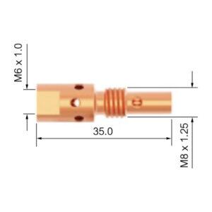 Munstycksfäste SGB 250 A (MB25) med tre sektioner, märkta M6 x 1,0, M8 x 1,25 och 35,0. Mittsektionen har hål och gängorna är synliga i båda ändar.