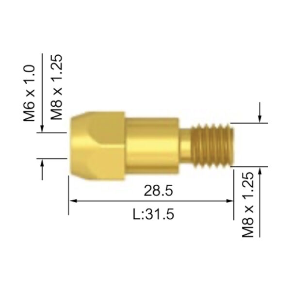 Munstycksfäste SGB 360 A (MB36) M6 med mått: M6 x 1,0 till vänster, M8 x 1,25 i båda ändar, längd 28,5 mm, och total längd 31,5 mm.