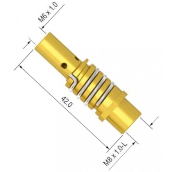En metallisk cylindrisk komponent med dimensioner. Längden är 42,0 mm och har M6 x 1,0 gängning i ena änden och M8 x 1,0 gängning i andra änden, känd som Munstycksfäste SGB 150 A M6 (MB15).