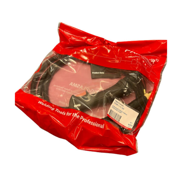 En röd plastpåse innehållande svetsverktyg med en synlig produktetikett och streckkod, designad för professionellt bruk, Parker Duragrip 150 A 3m passande bl a Esab Caddy MIG.