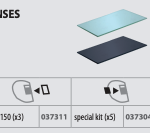 Två rektangulära linser visas, en klar och en tonad. Under står texten: "Yttre skyddsglas till svetshjälm GYS Panoramic 3XL, 3-pack (x3) 037311 special kit (x5) 037304". Illustrationer av linsernas avsedda användning visas också.