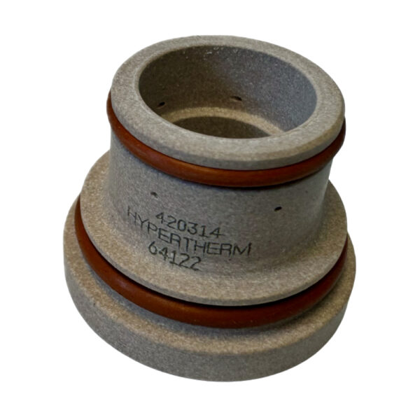 En metallkomponent märkt "Swirl ring original till Hypertherm XPR-serien", med cirkulära spår med bruna tätningar.