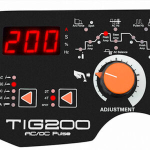 Kontrollpanel på en Jasic Pro Tig 200P AC/DC JT-200DS, med digital display som visar "200", kontrollratt för justering och olika knappar för inställningar som AC Pulse, DC Pulse och Arc Balance.