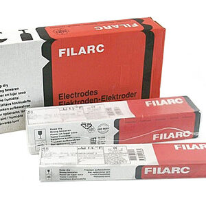 Bild på tre lådor Elektrod Esab Filarc 35 för låg- och olegerade stål, två mindre lådor staplade framför en större låda. Förpackningen är övervägande röd och vit, med svart text och olika instruktioner.