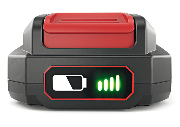 Ett FLEX Batteri Li-Ion 18,0V 2,5Ah med en lysande grön LED-indikator som visar tre laddningsstaplar. Toppen av förpackningen är röd, och kroppen är mestadels svart med en rektangulär laddningsdisplay.