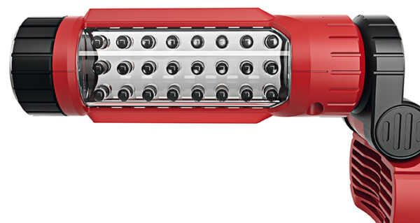 En närbild av en röd och svart Arbetslampa LED FLEX WL 18.0 med flera små LED-lampor ordnade i rader under ett transparent hölje.